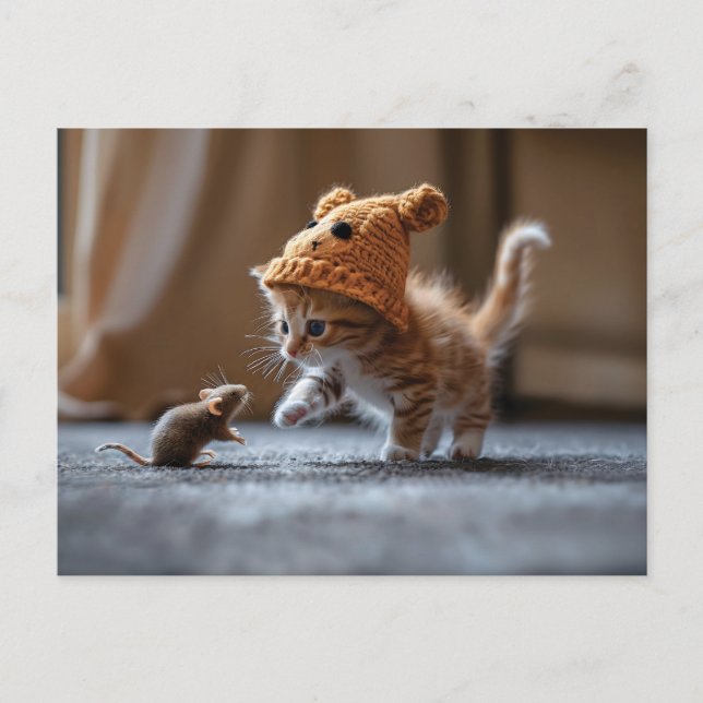 Kitten playing with a small mouse postcard (Front)