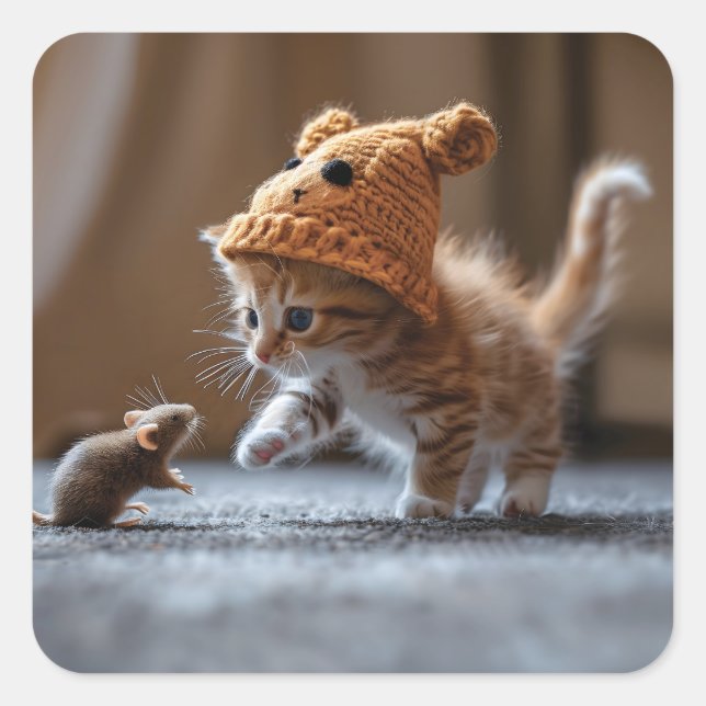 Kitten playing with a small mouse square sticker (Front)