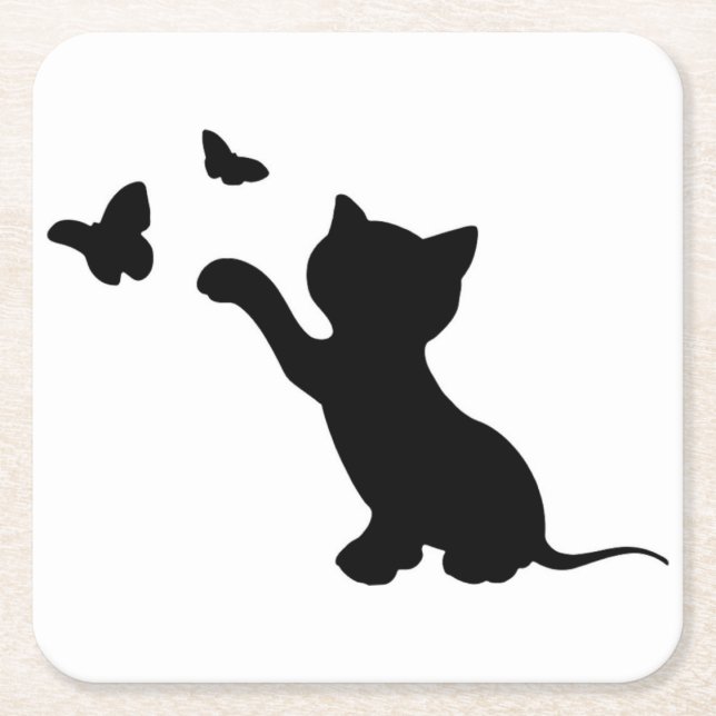 KITTEN PLAYING WITH BUTTERFLIES SQUARE PAPER COASTER (Front)