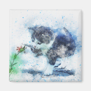 Kitten Playing with Flower Abstract Watercolor Magnet