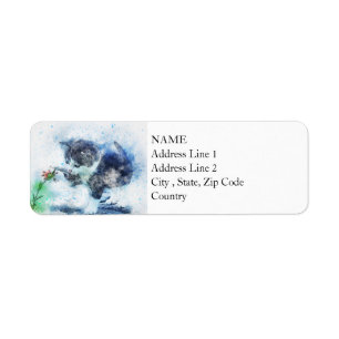 Kitten Playing with Flower Abstract Watercolor Return Address Label