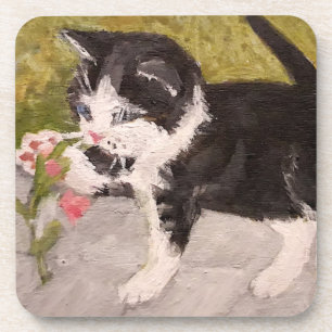 Kitten Playing with Pink Flower Coaster
