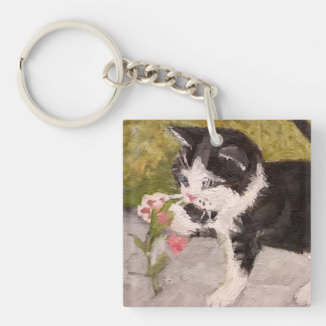 Kitten Playing with Pink Flower Key Ring (Front)