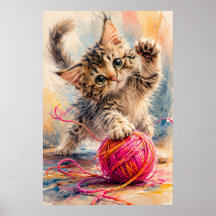 Kitten Playing with Pink Yarn Cat Lover