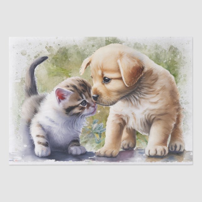 Kitten Puppy Best Friend Floral Watercolor Tissue Paper (Front)