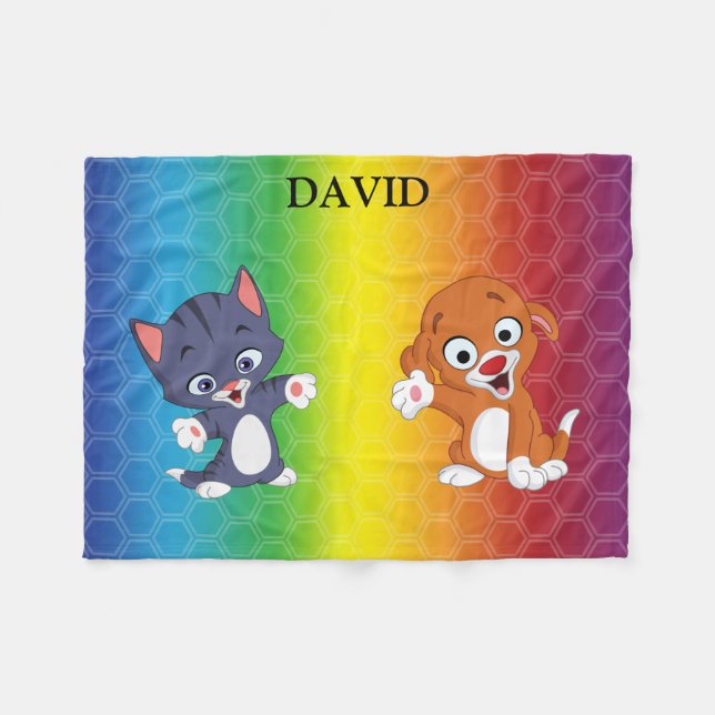 Kitten & Puppy Rainbow Fleece Blanket. (Front (Horizontal))