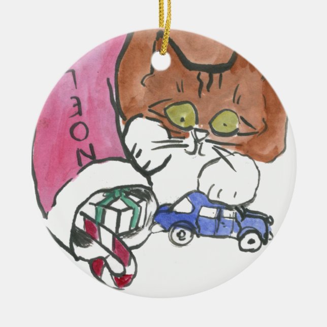 Kitten Raids the Christmas Stocking Ceramic Ornament (Front)