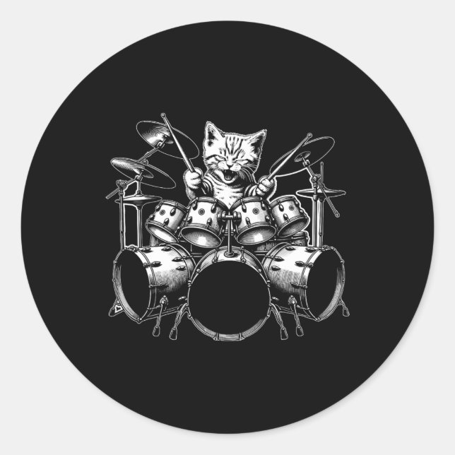 Kitten Rock Band Funny Kitty Drummer Cat Playing D Classic Round Sticker (Front)