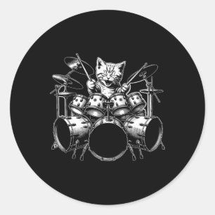 Kitten Rock Band Funny Kitty Drummer Cat Playing D Classic Round Sticker