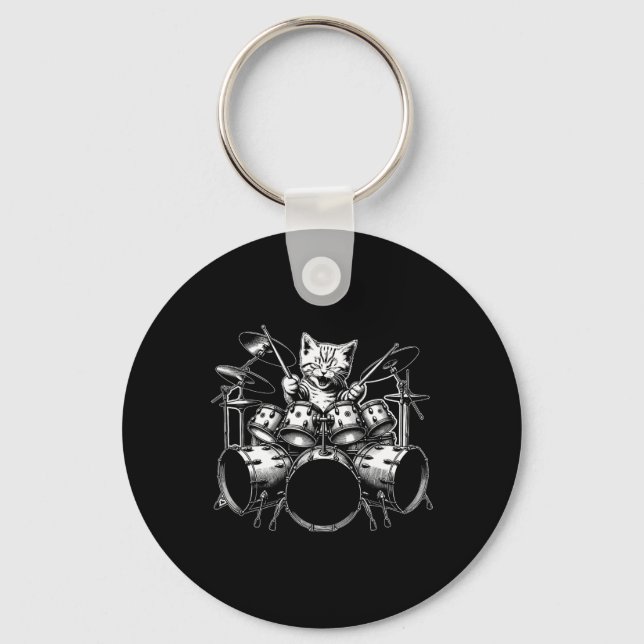 Kitten Rock Band Funny Kitty Drummer Cat Playing D Key Ring (Front)