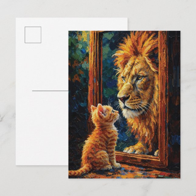 Kitten Seeing Lion Reflection Motivational Impasto Postcard (Front/Back)