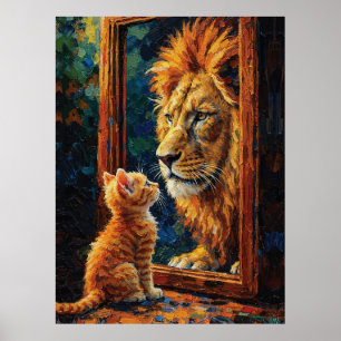 Kitten Seeing Lion Reflection Motivational Impasto Poster