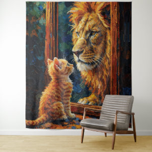 Kitten Seeing Lion Reflection Motivational Impasto Tapestry