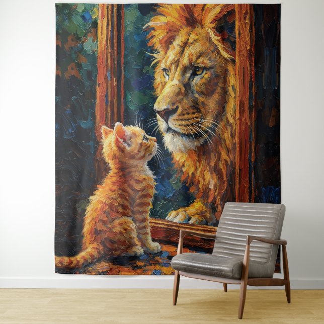 Kitten Seeing Lion Reflection Motivational Impasto Tapestry (In Situ)