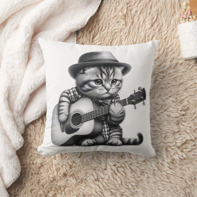 Kitten Shirt Hat Acoustic Guitar Pencil Portrait Cushion (Blanket)