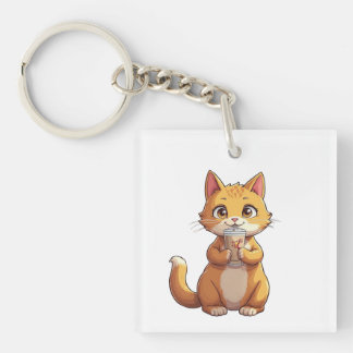 Kitten Sipping Coffee Key Ring