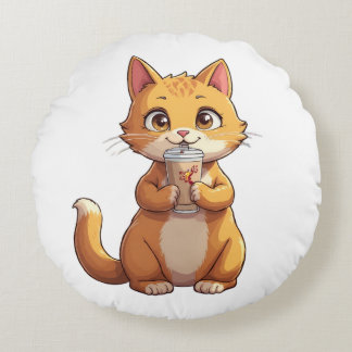Kitten Sipping Coffee Round Cushion