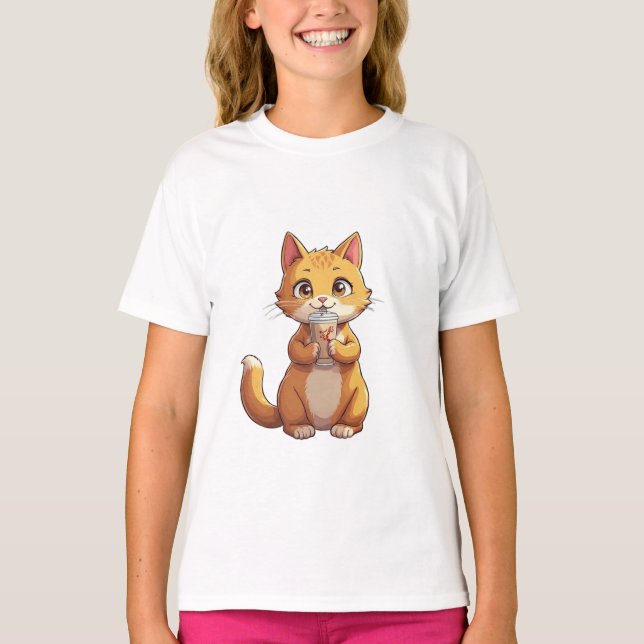 Kitten Sipping Coffee T-Shirt (Front)