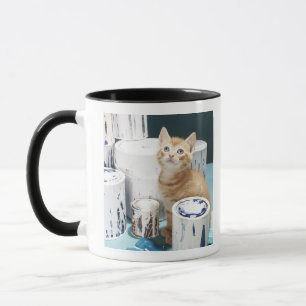 Kitten sitting amongst paint tins mug