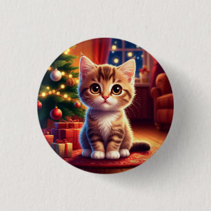 Kitten Sitting Beside Glowing Christmas Tree 3 Cm Round Badge