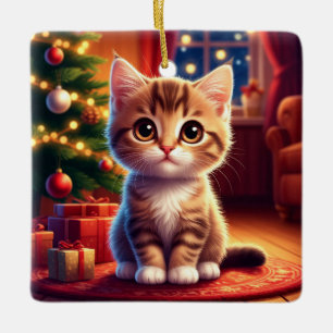 Kitten Sitting Beside Glowing Christmas Tree Ceramic Ornament
