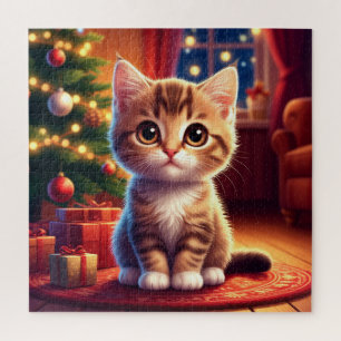 Kitten Sitting Beside Glowing Christmas Tree Jigsaw Puzzle