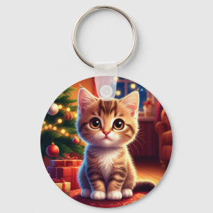 Kitten Sitting Beside Glowing Christmas Tree Key Ring
