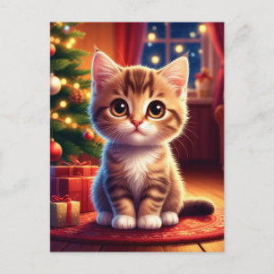 Kitten Sitting Beside Glowing Christmas Tree Postcard