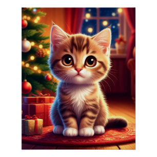 Kitten Sitting Beside Glowing Christmas Tree Poster