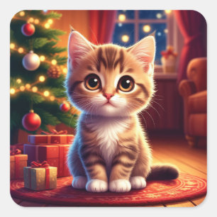 Kitten Sitting Beside Glowing Christmas Tree Square Sticker