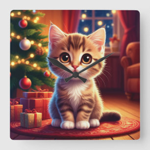 Kitten Sitting Beside Glowing Christmas Tree Square Wall Clock
