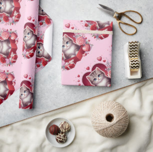 Kitten Sitting in Box With Flowers and Gifts  Wrapping Paper