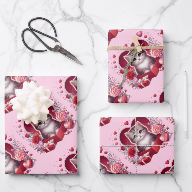 Kitten Sitting in Box With Flowers and Gifts  Wrapping Paper Sheet (Front)