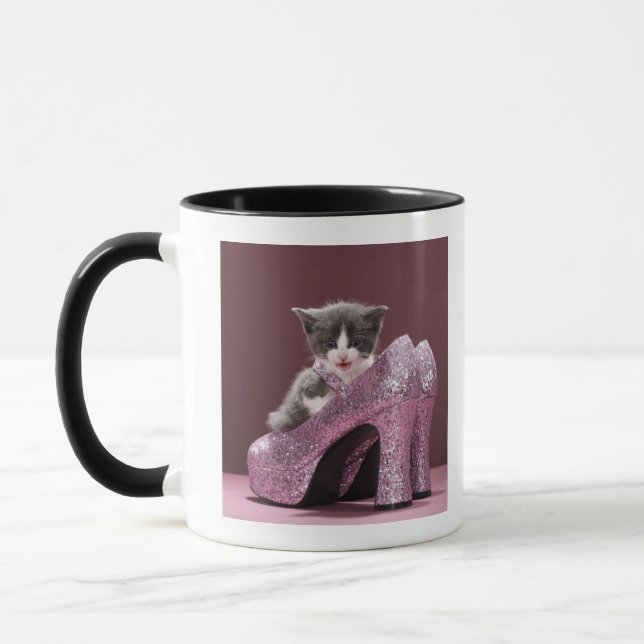 Kitten sitting in glitter shoes mug (Left)