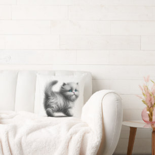 Kitten Sketch On White Cushion