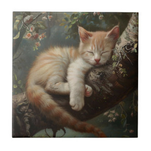 Kitten Sleeping in a Tree Vintage Ceramic Tile
