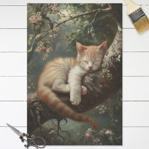 Kitten Sleeping in a Tree Vintage Decoupage Tissue Paper