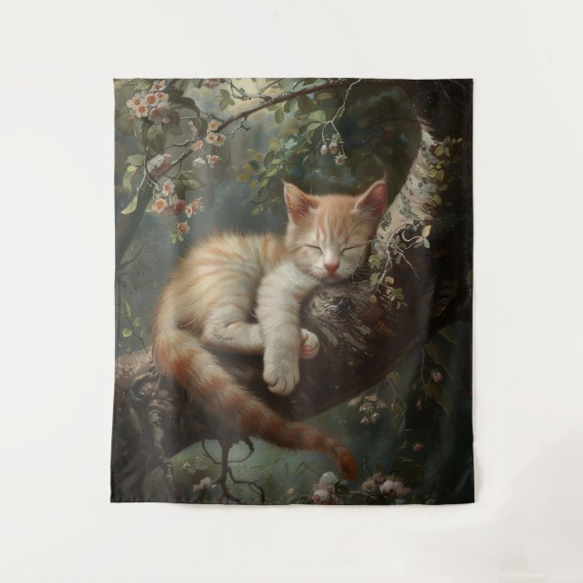 Kitten Sleeping in a Tree Vintage Tapestry (Front)