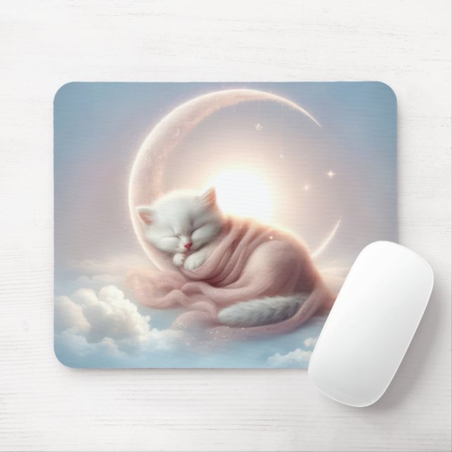 Kitten Sleeping On a Crescent Moon Mouse Pad (With Mouse)