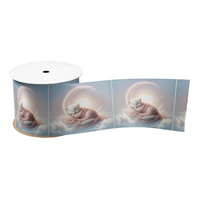 Kitten Sleeping On a Crescent Moon Satin Ribbon (Spool)