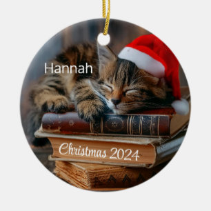 Kitten Sleeping On Books Personalized Ornament