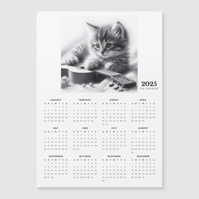 Kitten Snuggled with a Guitar 2025 Magnet Calendar (Front)