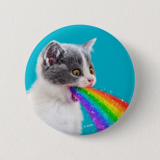 Kitten Spits Up Rainbow 6 Cm Round Badge (Front)