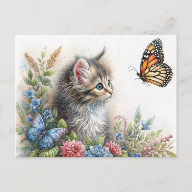 Kitten Staring At Butterfly Floral Art Postcard (Front)