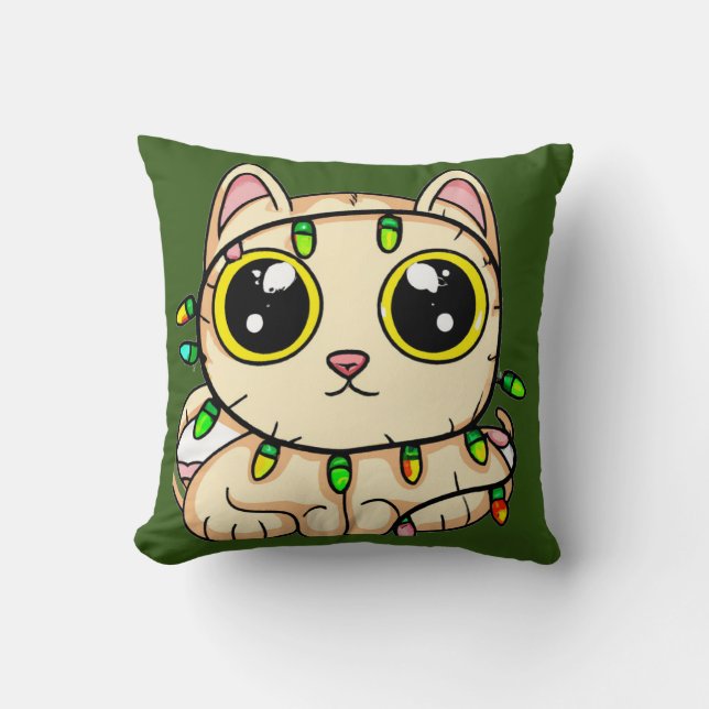 Kitten tangled in Christmas lights Cushion (Front)