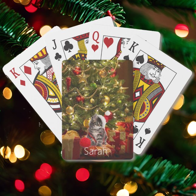 Kitten Under The Tree Personalise Name Christmas  Playing Cards (Creator Uploaded)