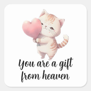 Kitten Valentines Pink Heart Watercolor Cat Love Square Sticker