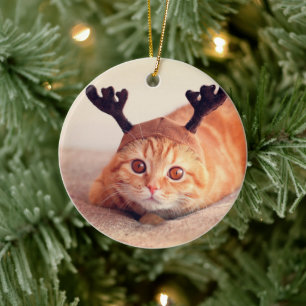 kitten wearing a Christmas reindeer hat Ceramic Ornament
