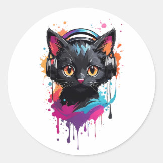 Kitten wearing a headphone classic round sticker