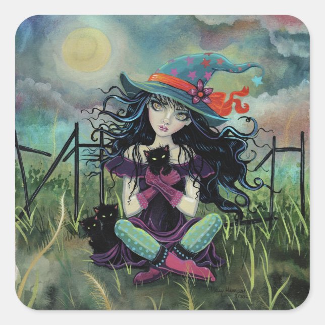 Kitten Witch Fantasy Art By Molly Harrison Square Sticker (Front)